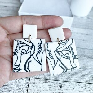 Black and White Polymer clay earrings, aesthetic jewelry, line art earrings